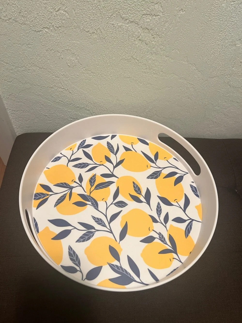 #1901: Round Serving Tray with Yellow Lemon Print - Picture 1 of 8